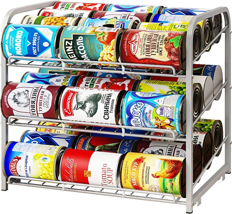Photo 1 of AIYAKA Can Rack Organizer, 3 Tier Stackable Can Storage Dispenser, for Food Storage, Kitchen Cabinets or Pantry, Storage for 36 Cans, Silver