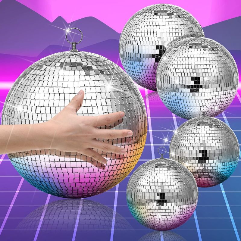 Photo 1 of 4 Pack Large Disco Ball Silver Hanging Disco Balls Reflective Mirror Ball Ornament for Party Holiday Wedding Dance and Music Festivals Decor Club Stage Props (8 Inch, 6 Inch, 4 Inch