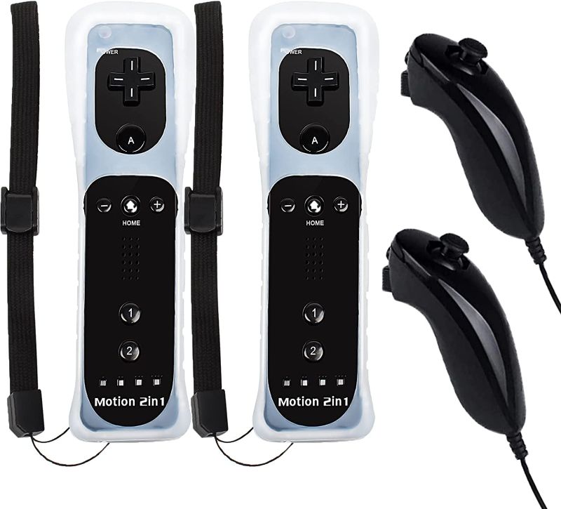 Photo 1 of Gamrombo 2 Pack Controller Replacement for Wii/Wii U Console, Motion Gamepad Built in 3-Axis Motion Plus with Nunchuck Silicone Case and Wrist Strap (Black)