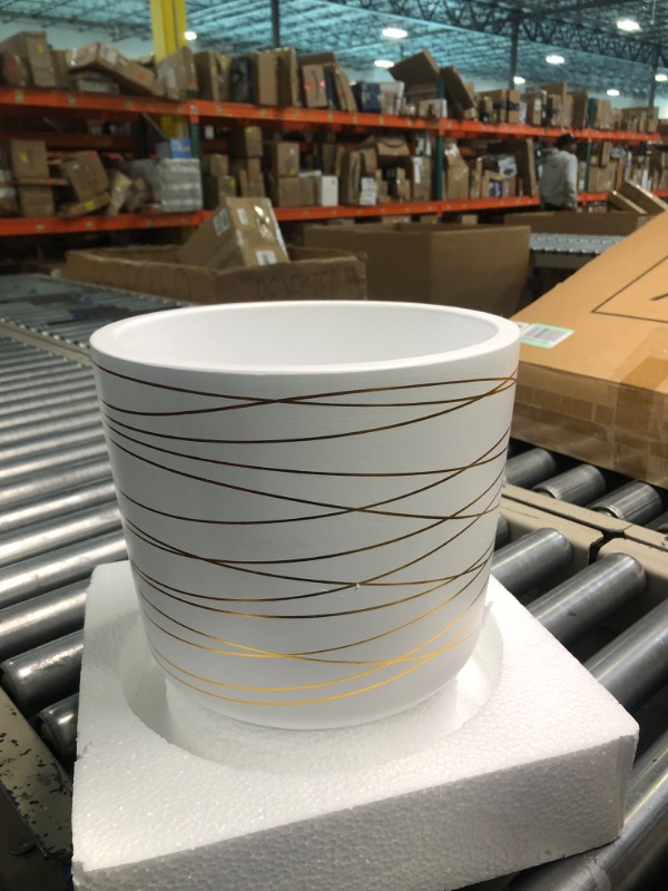 Photo 2 of 12 Inch Ceramic Pot - Matte White with Metallic Gold Stripes