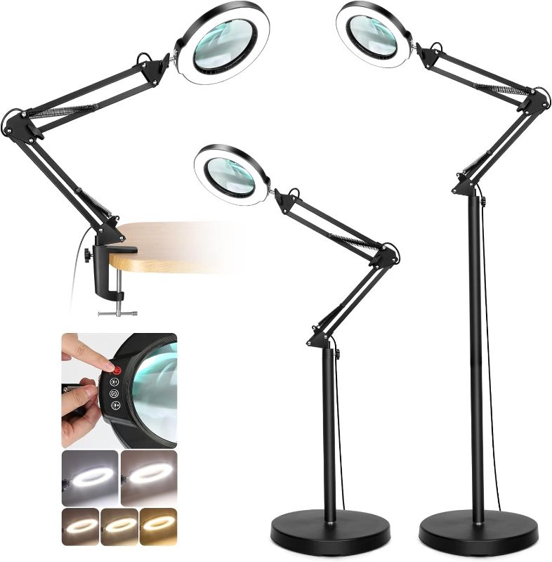 Photo 1 of 10X Magnifying Glass with Light and Stand, Krstlv LED 5 Color Modes, Stepless Dimmable Magnifying Floor Lamp, 3-in-1 Adjustable Swing Arm Lighted Magnifier Lamp with Clamp for Reading, Craft, Esthetic