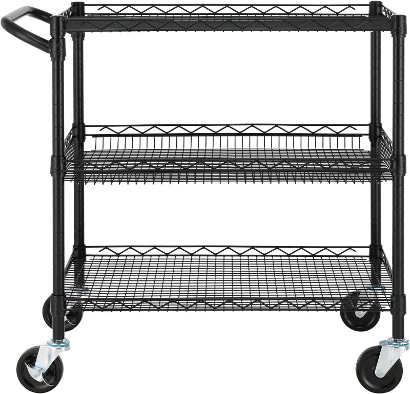 Photo 1 of Finnhomy 3 Tier Heavy Duty Commercial Grade Utility Cart, Wire Rolling Cart with Handle Bar, Steel Service Cart with Wheels, Kitchen Cart on Wheels, Food Storage Trolley, NSF Listed, Black