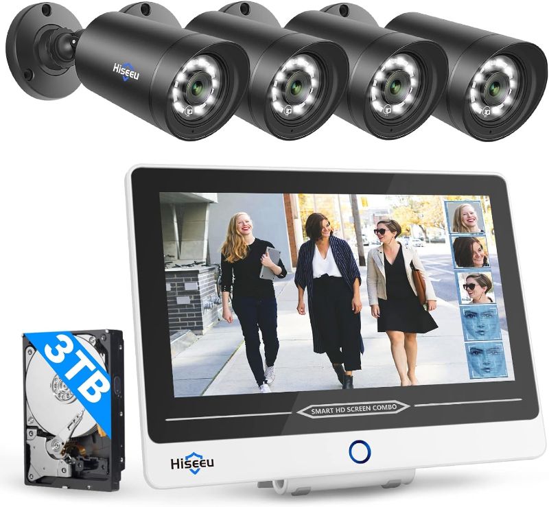 Photo 1 of [2Way Audio Spotlight]Hiseeu 5MP PoE Security Camera System, Combo NVR Built-in 12" Monitor with 3TB HDD,4 Outdoor Camera,Face/Human Detection Color Night Vision,H.265+ Home Video Surveillance NVR Kit