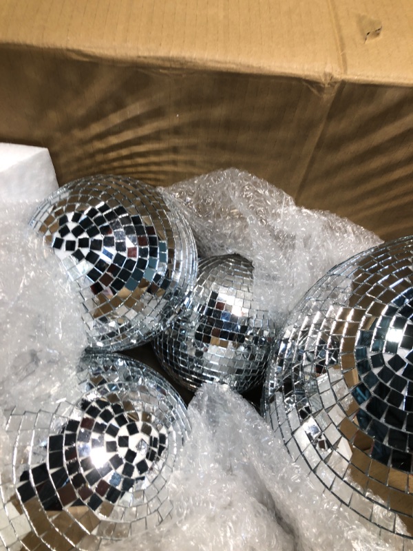 Photo 4 of 8 Pcs Large Disco Ball Set Silver Mirror Disco Balls Reflective Ball with Hanging Ring Party Hanging Ornament Decoration for Stage Club Ballroom Dance Hall Wedding Prom Props (12'', 8'', 6'', 4'')