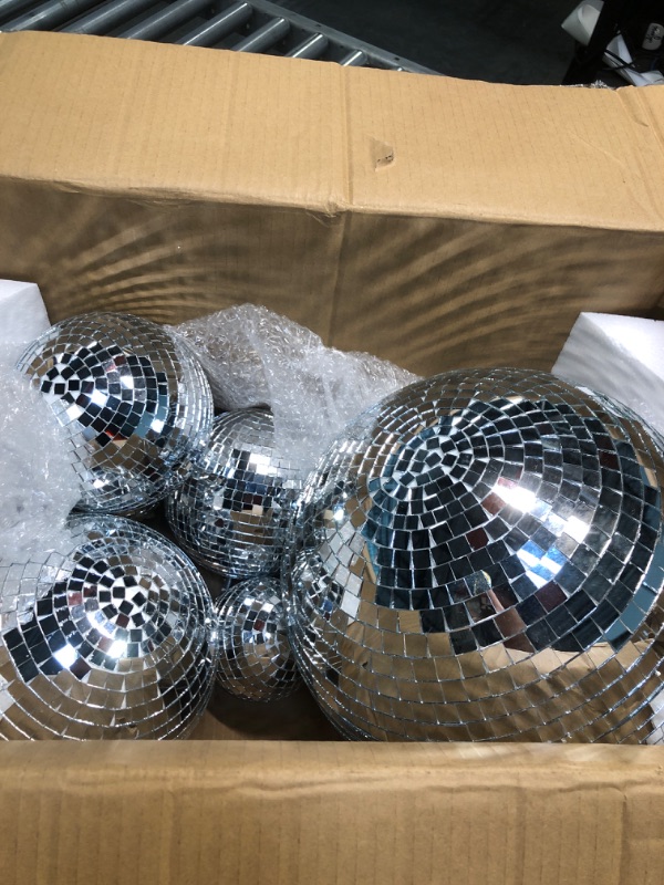 Photo 3 of 8 Pcs Large Disco Ball Set Silver Mirror Disco Balls Reflective Ball with Hanging Ring Party Hanging Ornament Decoration for Stage Club Ballroom Dance Hall Wedding Prom Props (12'', 8'', 6'', 4'')