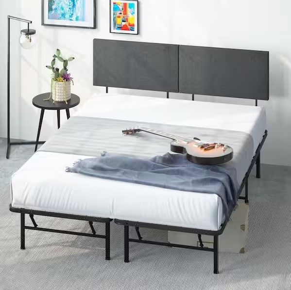 Photo 1 of Zinus SmartBase Black King Metal Bed Frame with Upholstered Headboard