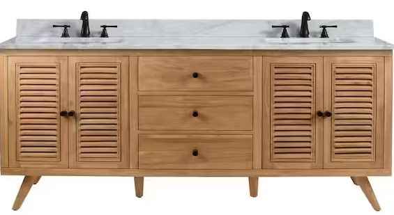 Photo 1 of Avanity Harper 73 in. Vanity in Natural Teak with Carrera White Basin Marble Top - Complete set included (2 boxes) 