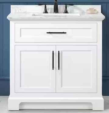 Photo 1 of Home Decorators Collection Doveton 36 in. W x 19 in. D x 34 in. H Single Sink Bath Vanity in White with White Engineered Marble Top