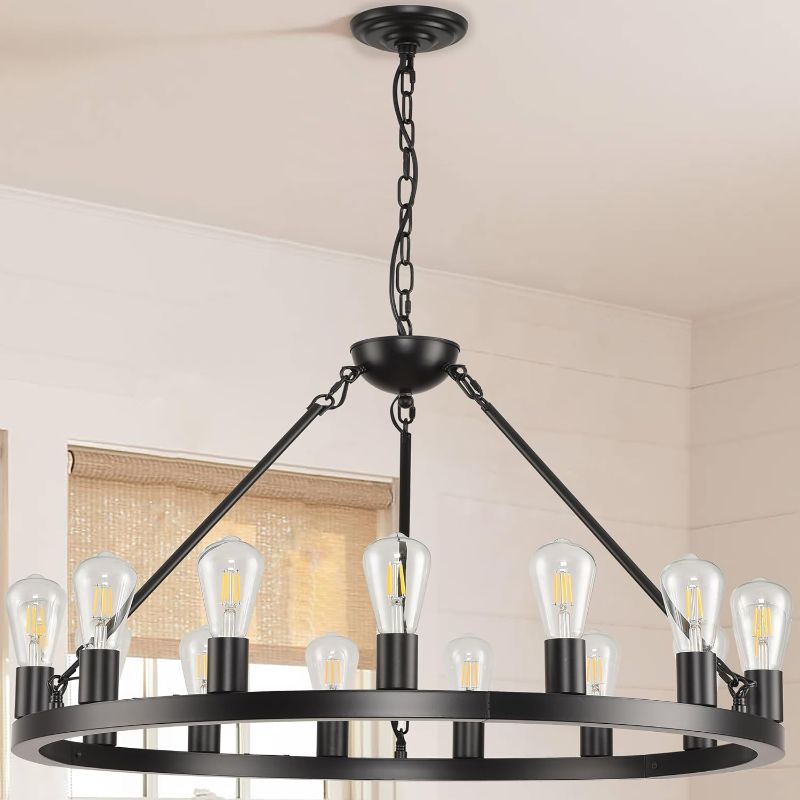 Photo 1 of 32 inch Black Wagon Wheel Chandelier 15-Light Farmhouse Round Wheel Chandeliers Hanging Light Fixture Outdoor Wagon Wheel Chandelier for Porch for High Ceilings Dining Room