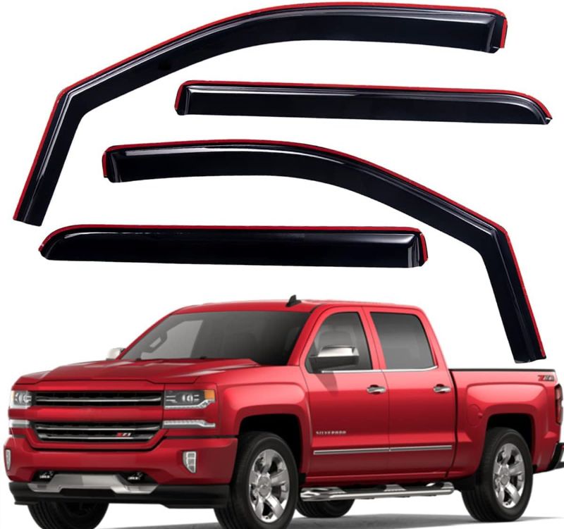 Photo 1 of Lightronic WV194536 In-Channel Side Window Visor Deflector Rain Guard, Dark Smoke, 4 PCS for 2014-2018 Chevy Silverado & GMC Sierra 1500, 2015-2019 Chevy Silverado & GMC Sierra 2500/3500 with Crew Cab