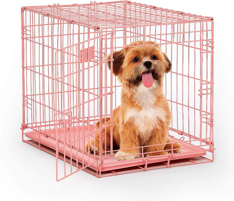 Photo 1 of ** FOR VERY SMALL PET** MidWest Homes for Pets Single Door iCrate 24" Pink Folding Metal Dog Crate w/ Divider Panel, Floor Protecting "Roller" Feet & Leak Proof Plastic Tray; 24L x 18W x 19H Inches, Small Dog Breed