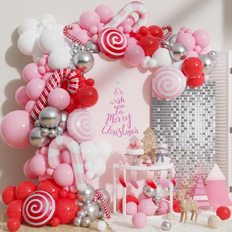 Photo 1 of 140Pcs Christmas Balloon Garland Arch Kit - Red Pink Candy Cane Balloons Sweet Lollipop Foil Balloon for Christmas New Year Birthday Xmas Holiday Party Decorations