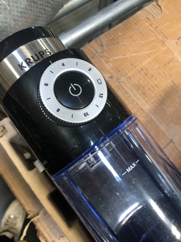 Photo 1 of * FOR  PARTS ONLY ** Krups Precise Stainless Steel Flat Burr Grinder 8oz, 32cups bean hopper 12 Grind from Fine to Coarse 110 Watts Removable Container, Drip, Press, Espresso, Cold Brew, 2,12 cups ground coffee Black