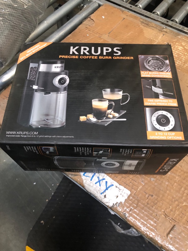 Photo 2 of * FOR  PARTS ONLY ** Krups Precise Stainless Steel Flat Burr Grinder 8oz, 32cups bean hopper 12 Grind from Fine to Coarse 110 Watts Removable Container, Drip, Press, Espresso, Cold Brew, 2,12 cups ground coffee Black