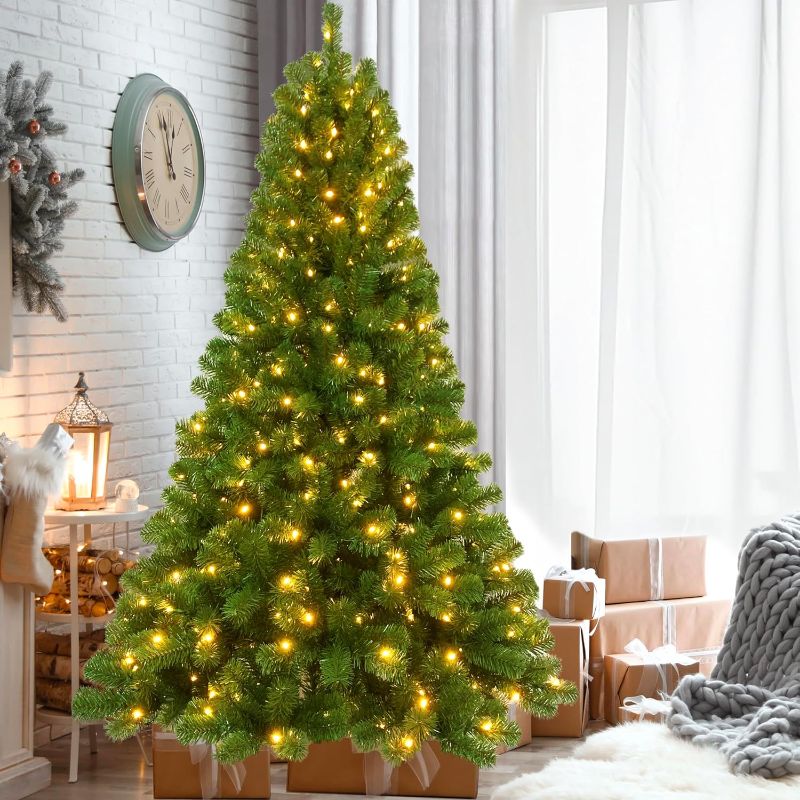 Photo 1 of 6FT Pre-lit Evergreen Artificial Christmas Tree - 679 Lush Branch Tips with 300 Radiant Warm White LED Lights - Exquisite Festive Holiday Décor