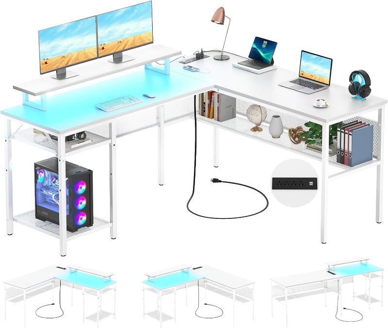 Photo 1 of **Missing USB connector**
Unikito L Shaped Computer Desk with Magic Power Outlets and USB Charging Ports, Sturdy Reversible Corner Desk with Storage Shelves, Durable Work Desk for Home Office, Easy to Assemble, White LPNPMCS4859033
