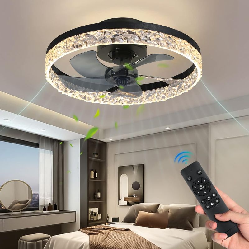 Photo 1 of  ** missing remote ** KINDLOV Modern Indoor Flush Mount Ceiling Fan with Lights,Dimmable Low Profile Ceiling Fans with Remote Control,Smart 3 Light Color Change and 6 Speeds for Bedroom Living Room Kitchen, Black
