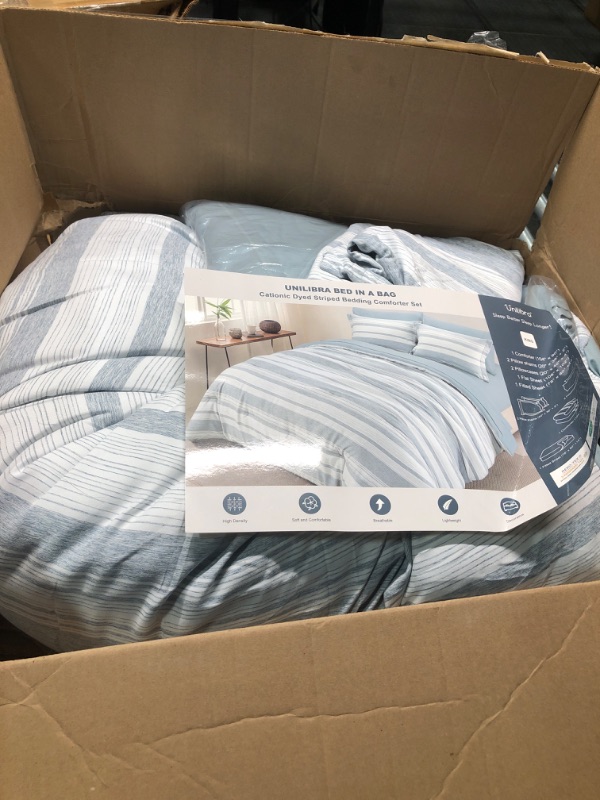 Photo 2 of **New open**UNILIBRA Blue King Size Comforter Set, 7 Pieces Striped Bed in a Bag, Lightweight Cationic Dyeing Bedding Sets for All Seasons with Comforter, Flat Sheet, Fitted Sheet, Pillow Shams, Pillowcases
