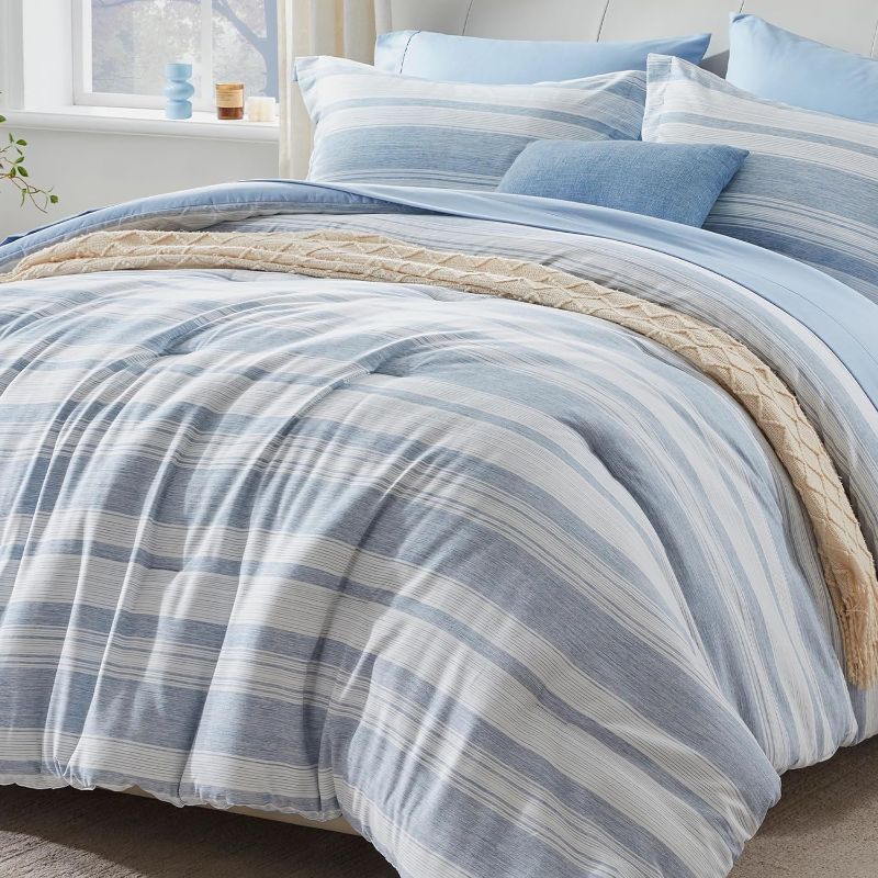 Photo 1 of **New open**UNILIBRA Blue King Size Comforter Set, 7 Pieces Striped Bed in a Bag, Lightweight Cationic Dyeing Bedding Sets for All Seasons with Comforter, Flat Sheet, Fitted Sheet, Pillow Shams, Pillowcases
