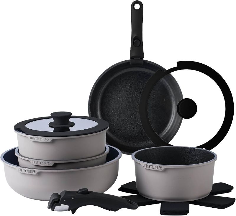 Photo 1 of **New Open**Country Kitchen 16 Piece Pots and Pans Set - Healthy Safe Ceramic Nonstick Kitchen Cookware with Soft Touch Removable Handle, RV Cookware Set, Oven Safe (Grey/Black)
