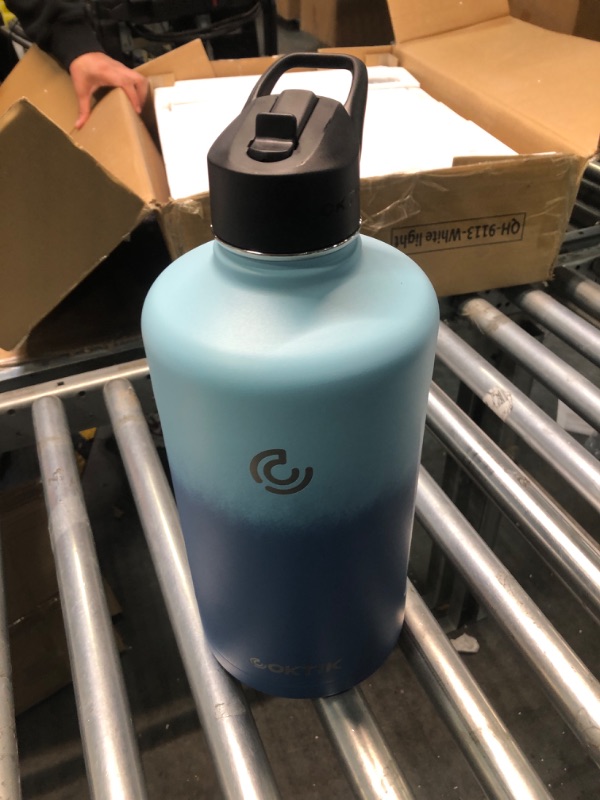 Photo 2 of **New Open**COKTIK 128 oz/One Gallon Water Bottle Insulated, Double Walled Vacumm Metal Stainless Steel Sports Water Bottle with Reusable 2 Lids for Sports, Gym, Fitness or Office(Blue Waves)
