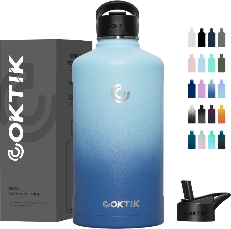 Photo 1 of **New Open**COKTIK 128 oz/One Gallon Water Bottle Insulated, Double Walled Vacumm Metal Stainless Steel Sports Water Bottle with Reusable 2 Lids for Sports, Gym, Fitness or Office(Blue Waves)
