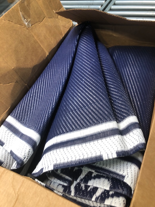Photo 2 of **New Open**HUGEAR RV Outdoor Rug Waterproof Mat 6'x9' for Patios Clearance Carpet Camping, Large, Plastic Straw (Lantern Navy Blue&White) 6x9ft Lantern/Navy Blue&white