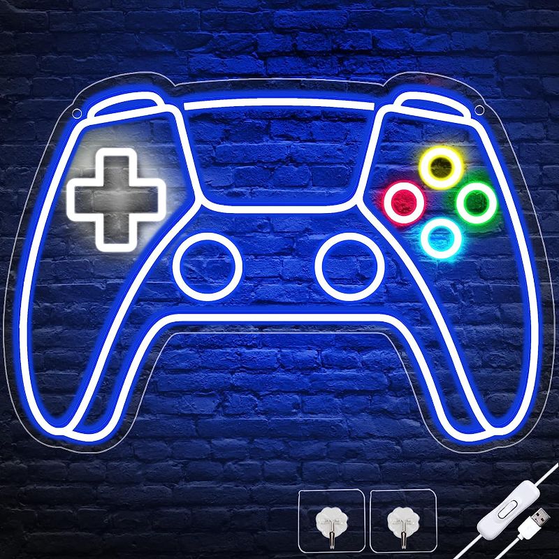 Photo 1 of ** Half of the lights do not come on ** NEEDS NEW WIRES ** Gamer Neon Sign, Gamepad Shaped LED Neon Sign for Gamer Room Decor, Gaming Neon Sign for Boys Room Decor, Neon Gaming Sign for Gaming Wall Decor, USB Powered Gamer Gifts for Teens, Boys, Kids
