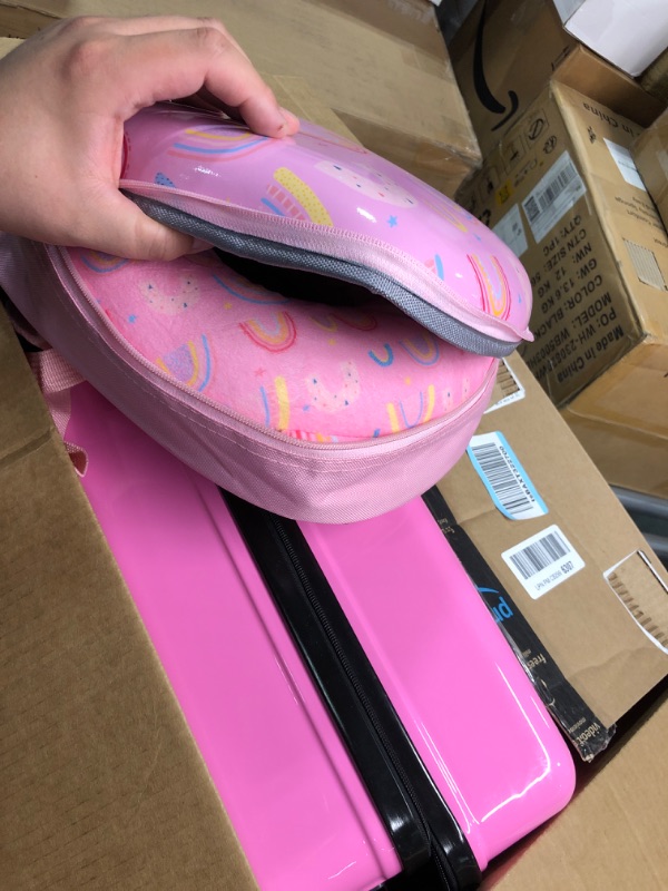 Photo 2 of **New Open**Sanwuta 4 Pieces Rainbow Luggage for Gift 18 Inch Kids Rolling Luggage Christmas Girls Pink Travel Rolling Suitcase with Wheels Kids Luggage Set with Backpack Neck Pillow Name Tag Rainbow Style 18 Inch