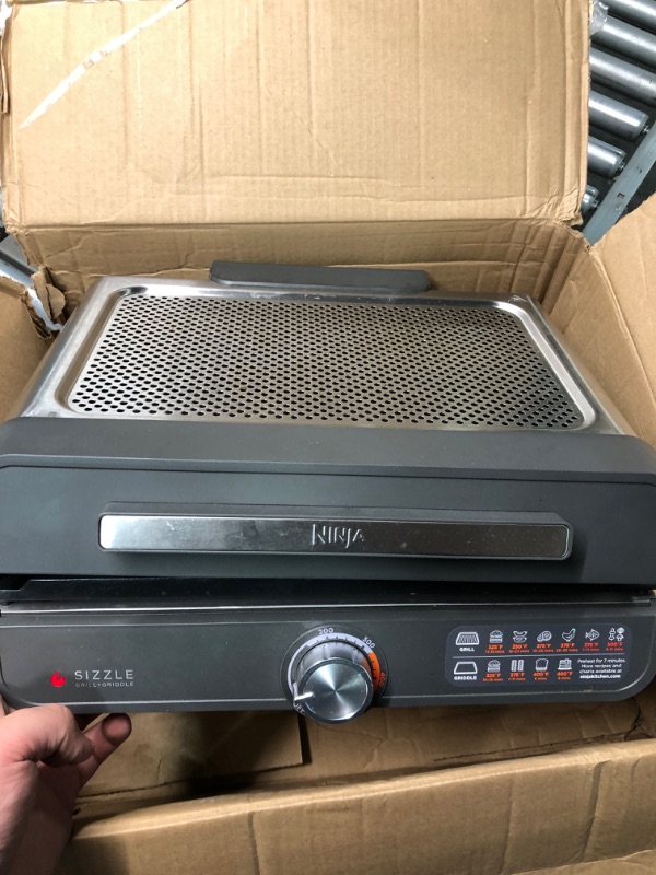 Photo 3 of **Good Used**Ninja GR101 Sizzle Smokeless Indoor Grill & Griddle, 14'' Interchangeable Nonstick Plates, Dishwasher-Safe Removable Mesh Lid, 500F Max Heat, Even Edge-to-Edge Cooking, Grey/Silver
