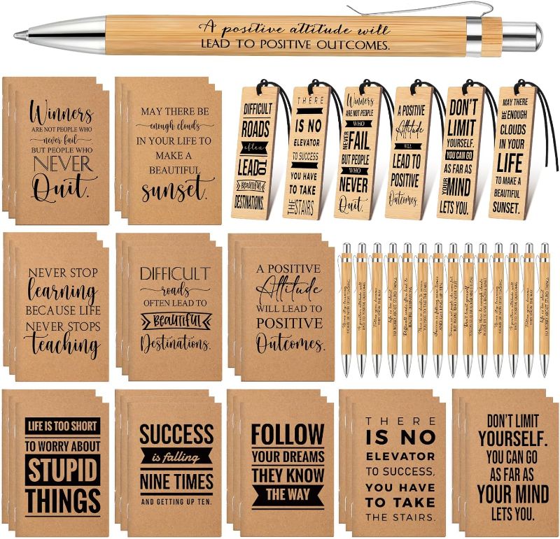 Photo 1 of 120 Pcs Inspirational Journals Pens Bookmark Gifts for Employee Coworker Motivational Kraft Notepads Bamboo Pens Wooden Bookmark Appreciation Gift for Students from Teacher(Null, Null)
