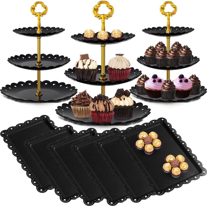 Photo 1 of **May be Missing some plates*9 Pcs Black Dessert Table Display Set Includes 6 Rectangle Cupcake Stand & 3 Round Tiered Serving Tray Cake Holder Plastic Plate Platters for Halloween Baby Shower (Flower Style), Gold
