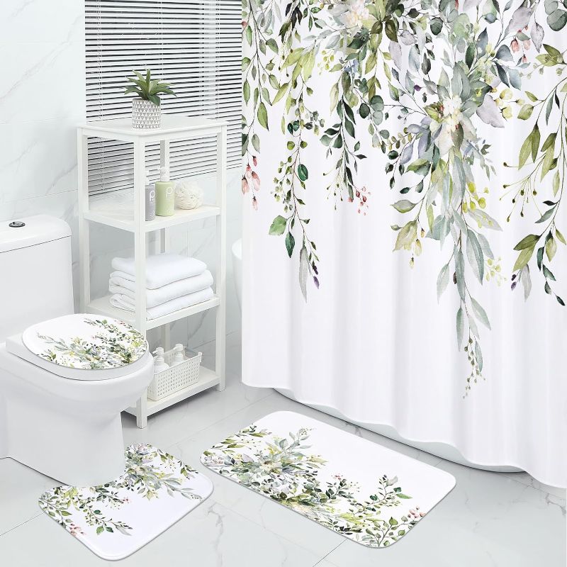Photo 1 of **Partial Set**MitoVilla 4 Pcs Sage Green Eucalyptus Bath Sets with Shower Curtain, Plant Leaves Rugs for Bathroom Decor
