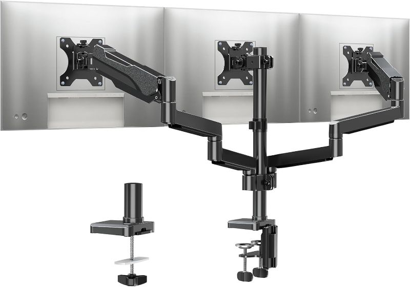 Photo 1 of **Good Used**MOUNTUP Triple Monitor Stand Mount, 3 Monitor Desk Mount for Three Max 27 Inch Computer Screen, 2.2-17.6lbs Heavy Duty Gas Spring Triple Monitor Arm Holder, VESA Bracket With Clamp/Grommet Base, Black
