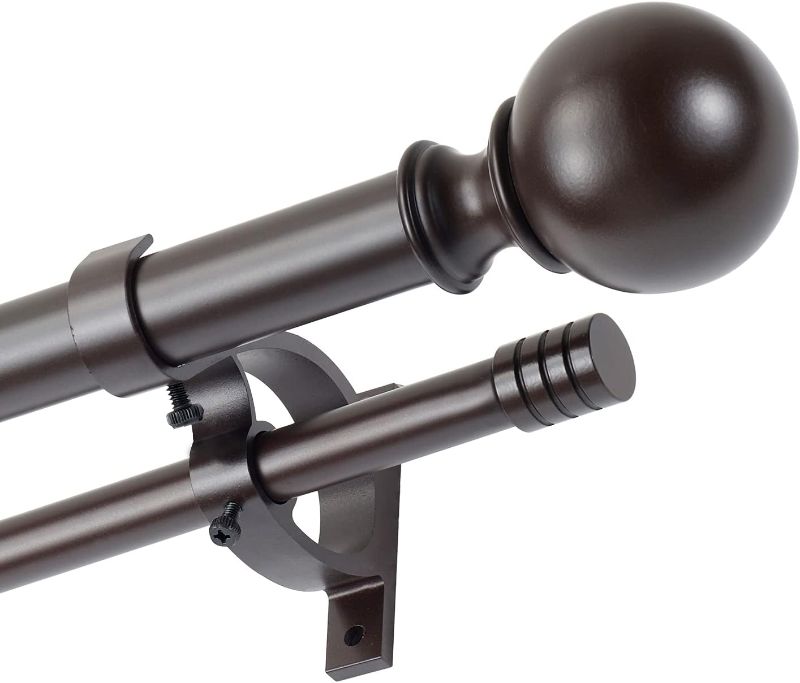 Photo 1 of 1" Classic Window Curtain Rod with Round & Barrel Finials Simple Double Telescoping Drapery Rod, 72-144", Bronze