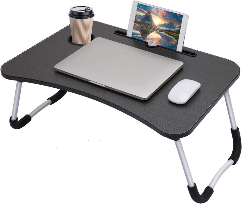 Photo 1 of  Foldable Laptop Table, Breakfast Serving Bed Tray, Lap Desk with Foldable Leg & Tablet Phone Groove & Cup Slot for Reading Writing Eating on Bed Couch Sofa Floor (Black)