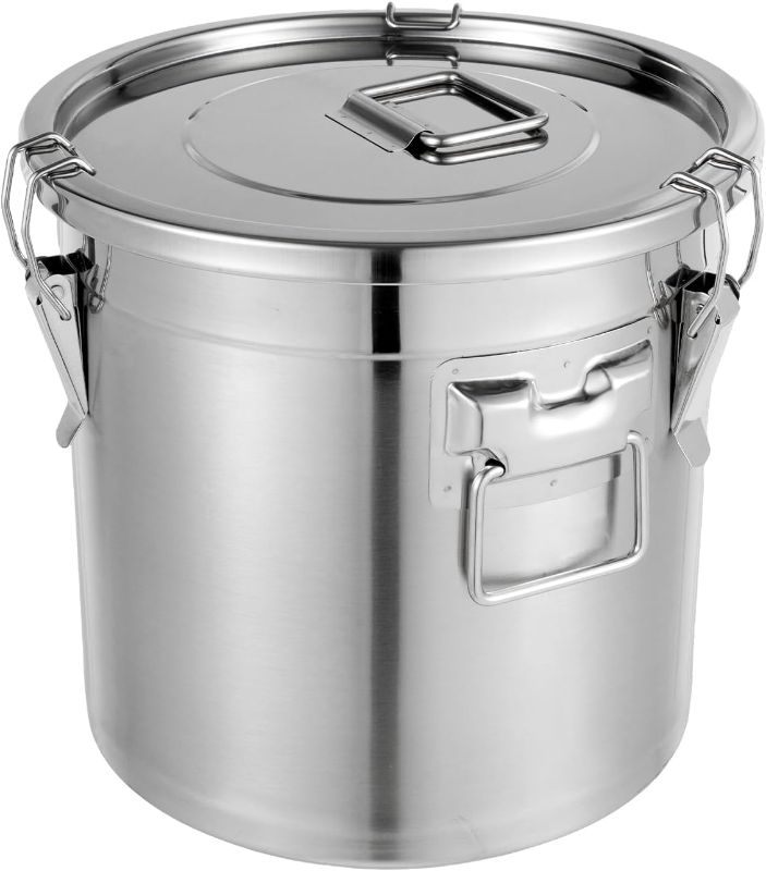 Photo 1 of 21L Stainless Steel Airtight Canister for Kitchen, Rice Cereal Grain Canisters Container for Household Kitchen Food Bean Flour Oil Sugar Milk Cookie Storager Bucket w/Handles+Lid
