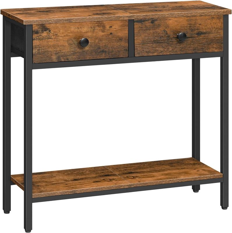 Photo 1 of 29.5" Narrow Console Table with 2 Fabric Drawers, Small Entryway Table with 2-Tier Storage Shelves, Thin Sofa Table, Side Table, for Living Room, Hallway, Rustic Brown and Black BF71XG01
