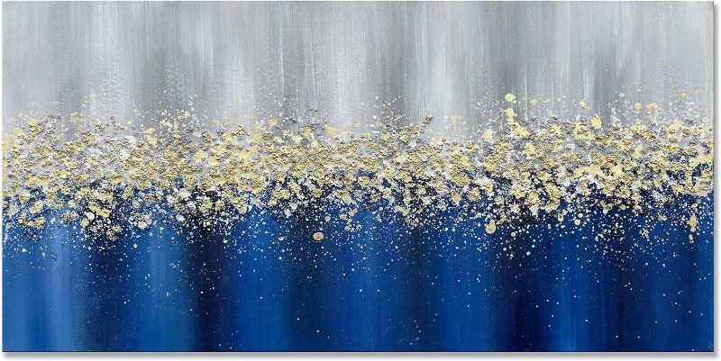 Photo 1 of Hand Painted Abstract Blue and Gold Oil Painting On Canvas Wall Art,Large Modern Textured Wall Painting for Wall Decorations 24x48 inch