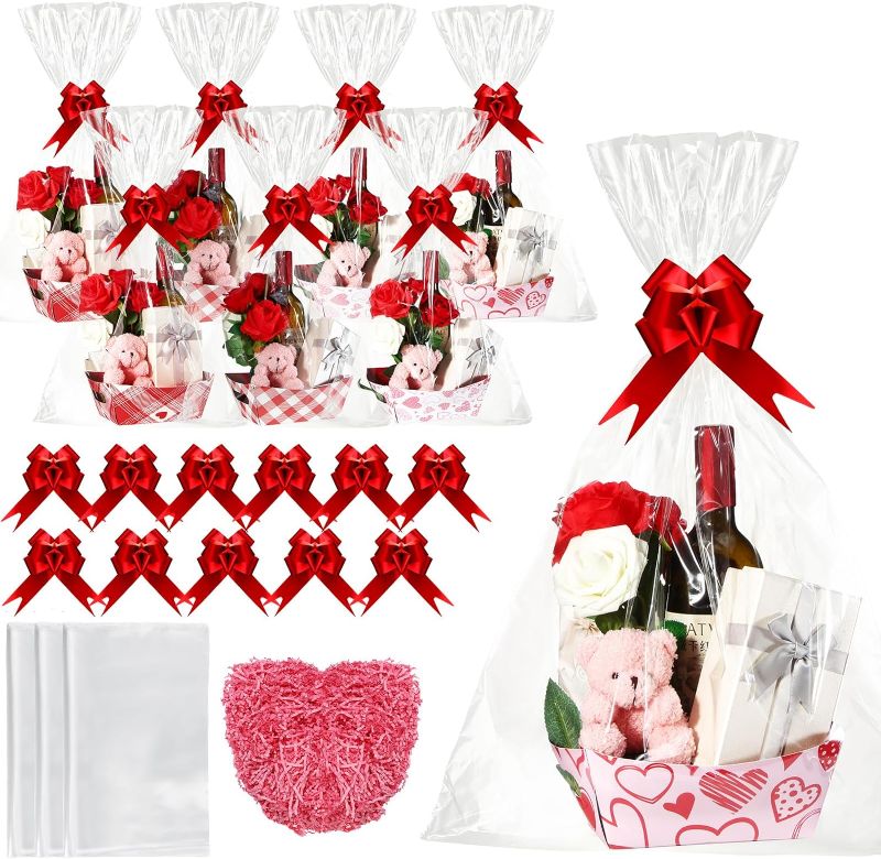 Photo 1 of 20 Pcs Valentines Baskets for Gifts Empty Kraft Gift Basket Kit with 20 Pull Bows 20 Clear Gift Bags Raffia for Birthday Wedding (Red,Assorted)