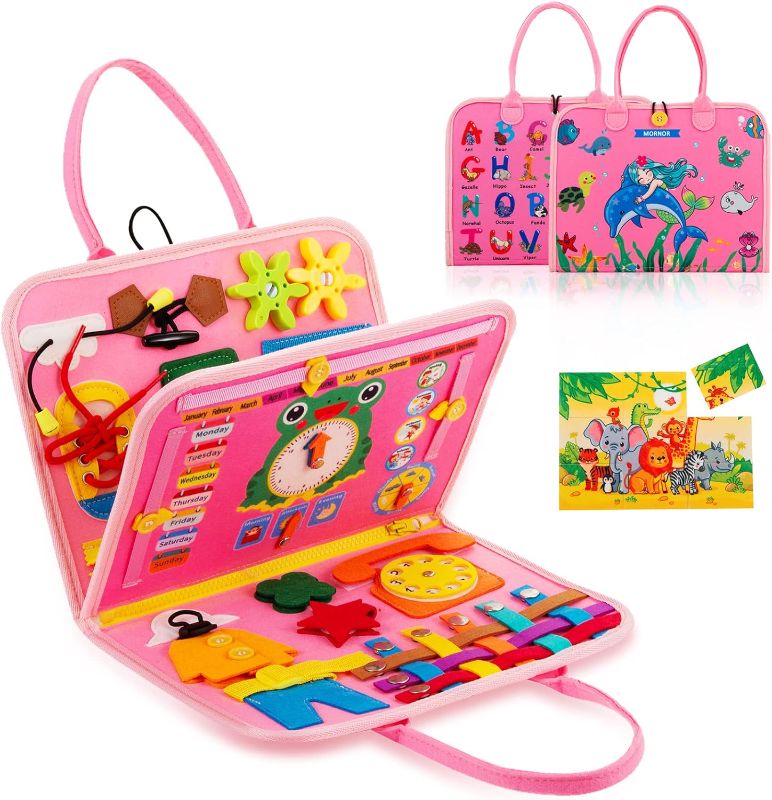 Photo 1 of Busy Board for Toddlers 1 2 3 4 Year Old, Sensory Activity Board for Learning Toys, Travel Toys for Toddlers 1-3, Montessori Toys for Fine Motor Skills, Gift for Boys Girls (Pink)
