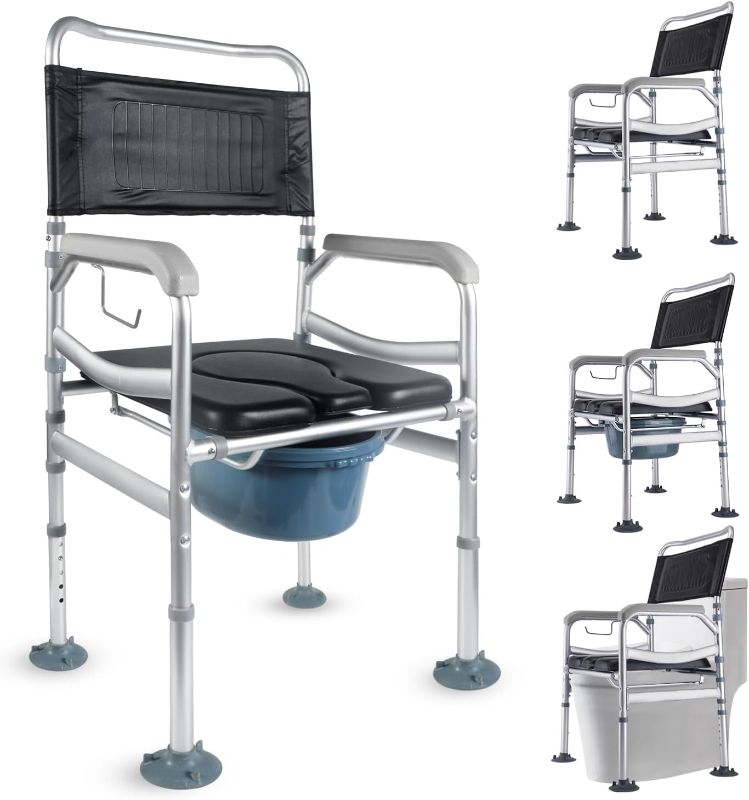 Photo 1 of 4 in 1Folding Shower Chair with Padded Armrests and Back, Medical Bedside Commode, Adjustable Toilet Safety Frame and Raised Toilet Seat with Non-Slip Rubber Tips for Seniors, Disabled and Pregnant
