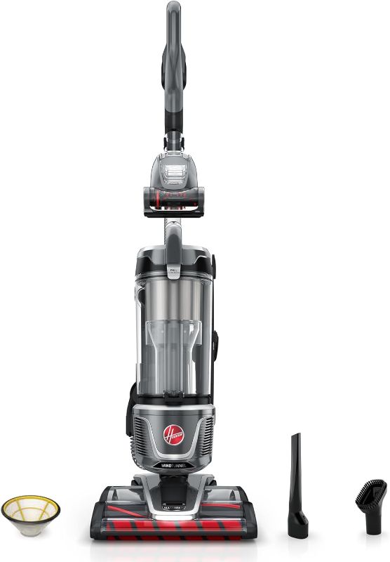 Photo 1 of **NEEDS CLEANED**Hoover WindTunnel All-Terrain Dual Brush Roll Bagless Upright Vacuum Cleaner Machine, for Carpet and Hard Floor, Strong Suction with Versatile Tools, HEPA Filter, Lightweight, UH77200V, Silver
