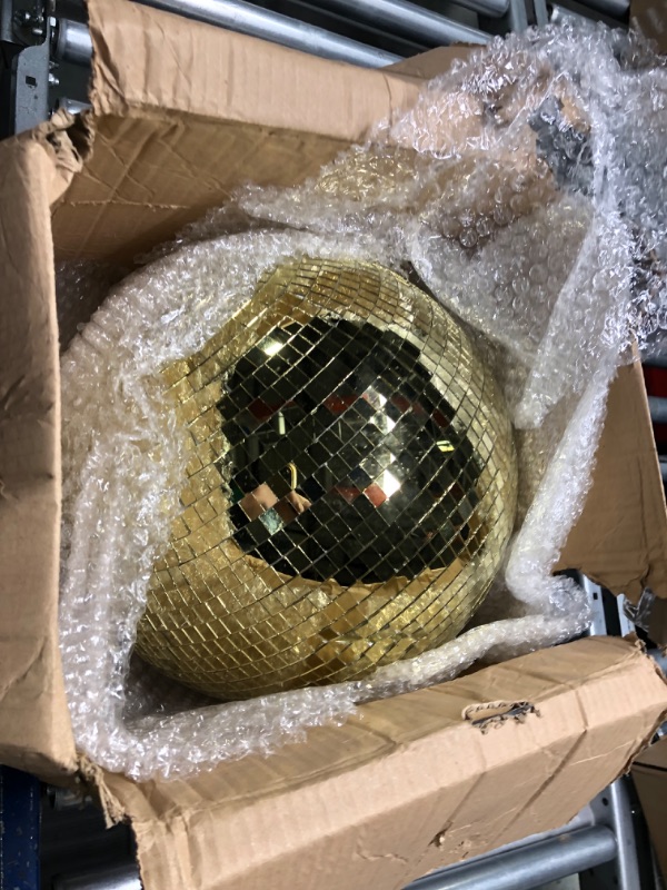 Photo 2 of **SURFACE DAMAGE**Mirror Disco Ball, Stage Lightning Effect Ball with Hanging Ring for DJ Club Stage Bar Party, Wedding Decoration (Gold - 12 inch) Gold Gold - 12“