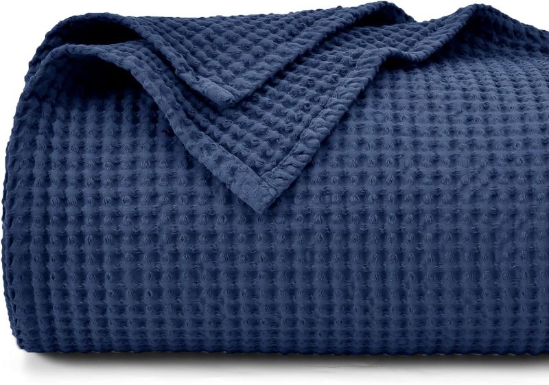 Photo 1 of 100% Cotton Waffle Weave Blanket King Size 104"x90"-Lightweight Washed Soft Breathable Blanket for All Season-Perfect Blanket Layer for Couch Bed Sofa-Elegant Home Decoration-Navy Blue