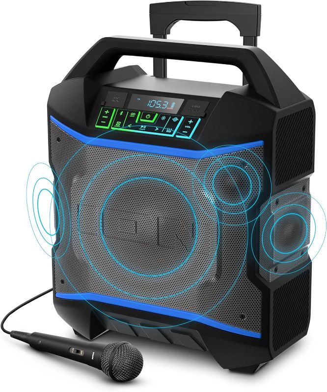 Photo 1 of ION Block Rocker - Portable Bluetooth Outdoor Party Speaker with Karaoke Microphone, Battery, 4 Speakers, Radio, USB Port, App, Water-Resistant, 120W
