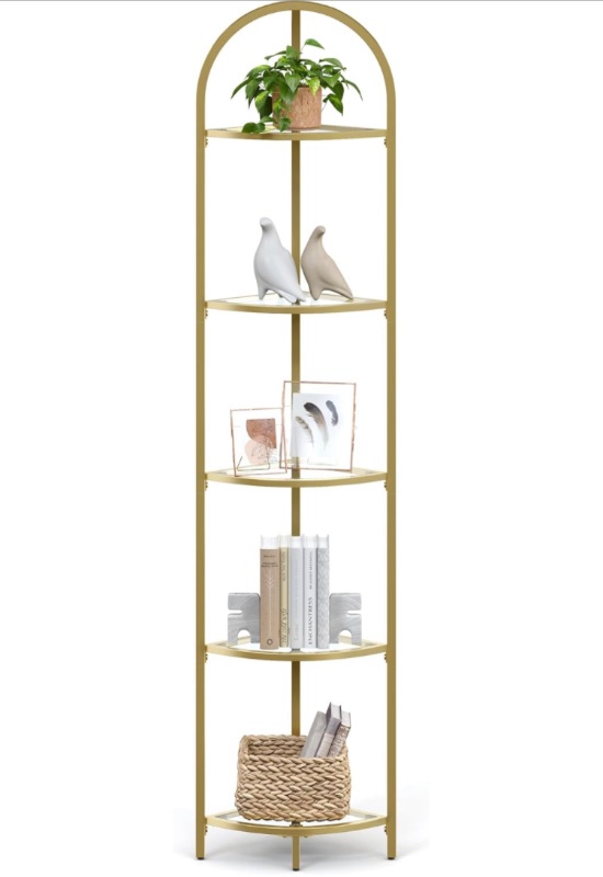 Photo 1 of VASAGLE 5-Tier Corner Shelf Stand, Corner Bookshelf, Bathroom Organizer, Plant Stand, Tempered Glass, Steel Frame, Modern Style, for Living Room, Bathroom, Kitch