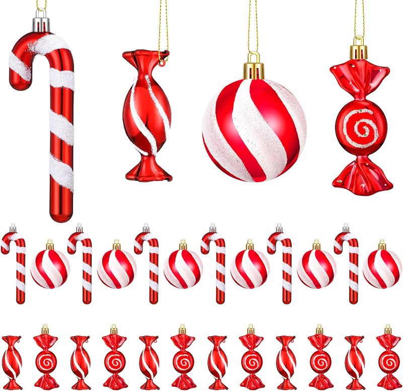 Photo 1 of 24 Pcs Christmas Candy Lollipop Ornament Set Vibrant Red White Candy Cane Ornament Xmas Hanging Lollipop Pattern Decorations with Rope for Xmas Holiday Festival Decor Photo Booth Prop (Vivid Style)