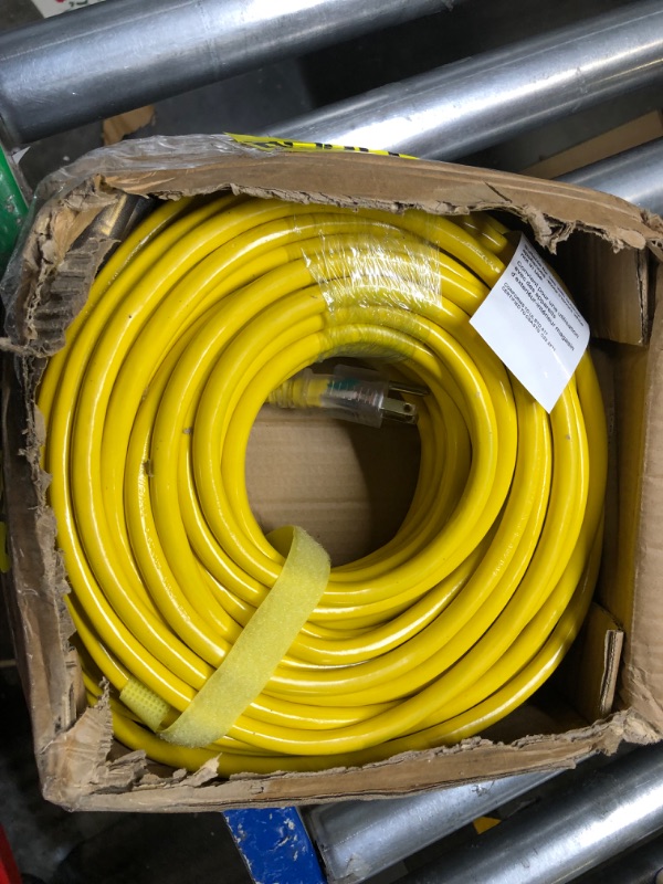 Photo 2 of 12/3 Gauge Heavy Duty Outdoor Extension Cord 100 ft Waterproof with Lighted end, Flexible Cold-Resistant 3 Prong Electric Cord Outside, 15Amp 1875W 12AWG SJTW, Yellow, ETL HUANCHAIN Yellow 100 foot