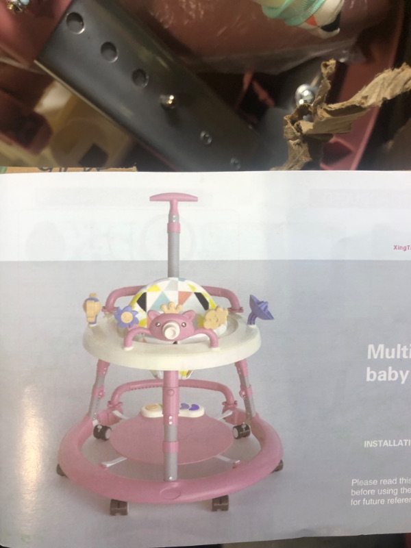 Photo 3 of 4 in 1 Baby Walker, Baby Walker with Wheels & 4 Heights Adjustable, Foldable Baby Walker Include Musical Toy Tray and PVC Pedals, Baby Walkers for Babies 6-18 Months Pink